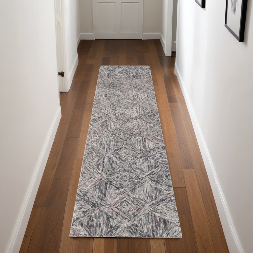 8' Black Gray and Ivory Wool Geometric Runner Rug